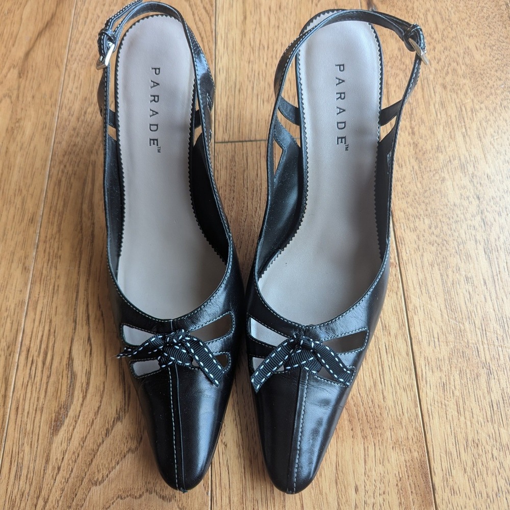 Vtg Black‎ Leather Slingback Bow Heels Pointed Toe Cutout Pumps Sz 9.5W Office